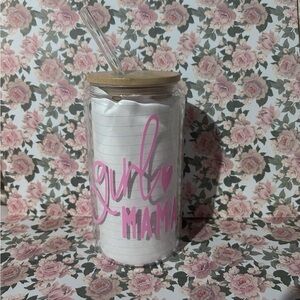 Pink 'Girl Mama' Glass Tumbler with Straw